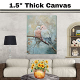 Softly Colored Lovebirds Resting on a Branch with Muted Earth Tone Background on Ready to Hang 1.5" Thick Canvas Wrap, Floating Framed Canvas, Flat Rolled Canvas