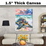 Watercolor Sea Turtle on Shore with Ocean Waves and Sunset Sky in Coastal Marine Life Painting for Beach Lovers on Ready to Hang 1.5" Thick Canvas Wrap, Floating Framed Canvas, Flat Rolled Canvas