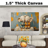 Adorable Painting of Two Baby Elephants Snuggling in Pajamas with Happy Expressions and a Colorful Textured Background in Warm Blue and Orange Tones on Ready to Hang 1.5" Thick Canvas Wrap, Floating Framed Canvas, Flat Rolled Canvas