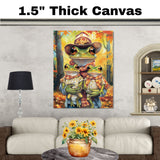 Autumn Frogs: A Green Frog Mother and Daughters in Modern Fall Dresses and Hats on Ready to Hang 1.5" Thick Canvas Wrap, Floating Framed Canvas, Flat Rolled Canvas