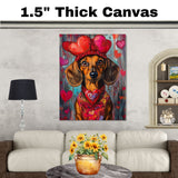 Sweetheart Style: Dachshund in a Red Heart-Adorned Dress and Hat Delightful Romantic Painting on Ready to Hang 1.5" Thick Canvas Wrap, Floating Framed Canvas, Flat Rolled Canvas