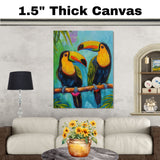 Vibrant Toucan Pair with Colorful Beaks on Tropical Branch Amid Palm Leaves and Bright Blue Jungle Sky Background in Lively Wildlife Art on Ready to Hang 1.5" Thick Canvas Wrap, Floating Framed Canvas, Flat Rolled Canvas