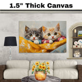 Painting of Two Cute Kittens Snuggled Together in Pajamas with Big Eyes and Soft Fur Resting on a Bright Yellow Blanket in a Cozy and Whimsical Setting on Ready to Hang 1.5" Thick Canvas Wrap, Floating Framed Canvas, Flat Rolled Canvas