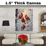 Festive Retro Painting of Four Red Cardinals on Snowy Berry Branches with Winter Background Perfect for Christmas Decor or Seasonal Bird Lover Gift on Ready to Hang 1.5" Thick Canvas Wrap, Floating Framed Canvas, Flat Rolled Canvas