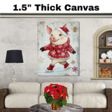 Whimsical Christmas Pig Ice Skating – Red Snowflake Sweater Holiday Animal Art Print, Festive Nursery Decor or Winter Farmhouse Gift on Ready to Hang 1.5" Thick Canvas Wrap, Floating Framed Canvas, Flat Rolled Canvas