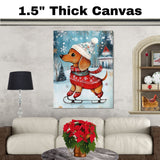 Whimsical Dachshund Dog Ice Skating in Red Holiday Sweater and Festive Hat Adorable Winter Christmas Art for Dog Lovers and Seasonal Home Décor on Ready to Hang 1.5" Thick Canvas Wrap, Floating Framed Canvas, Flat Rolled Canvas