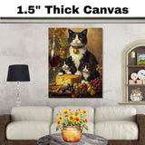 Wine & Whiskers: Tuxedo Mom and Kittens Enjoying Grapes and Cheese on Ready to Hang 1.5" Thick Canvas Wrap, Floating Framed Canvas, Flat Rolled Canvas