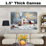 Cozy Winter Painting of Snowy White House with Red Barn, Horse Wagon, and Glowing Lights at Sunset in Countryside on Ready to Hang 1.5" Thick Canvas Wrap, Floating Framed Canvas, Flat Rolled Canvas