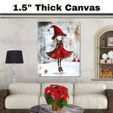 Whimsical Christmas Witch Ice Skating Print – Gothic Red Dress Winter Fairy Art, Magical Holiday Wall Decor, Snowy Enchanted Scene for Nursery or Gift on Ready to Hang 1.5" Thick Canvas Wrap, Floating Framed Canvas, Flat Rolled Canvas