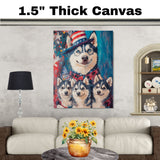 Patriotic Pups: Siberian Husky with Adorable Puppies Dressed in 4th of July Outfits on Ready to Hang 1.5" Thick Canvas Wrap, Floating Framed Canvas, Flat Rolled Canvas