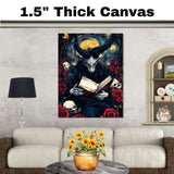 Dark Fantasy Devil Figure Reading a Book Amid Red Roses and Skulls, Gothic Surreal Scene with Horns, Glowing Eyes, and Swirling Starry Background on Ready to Hang 1.5" Thick Canvas Wrap, Floating Framed Canvas, Flat Rolled Canvas