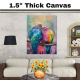 Colorful Love Birds Art in Bold Pink Blue Green and Yellow Tones Perched Together on Branch in Expressive Brushstroke Style for Bright Romantic Spaces on Ready to Hang 1.5" Thick Canvas Wrap, Floating Framed Canvas, Flat Rolled Canvas