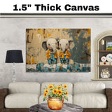 Whimsical Painting of Two Cute Baby Elephants in Colorful Outfits Sitting Together with Playful Expressions Against an Artistic Abstract Background on Ready to Hang 1.5" Thick Canvas Wrap, Floating Framed Canvas, Flat Rolled Canvas