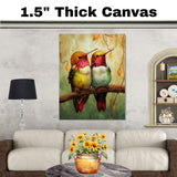 Whimsical Hummingbird Pair Artwork Featuring Red and Green Plumage Perched on a Branch with Textured Earth-Toned Background and Delicate Autumn Leaves on Ready to Hang 1.5" Thick Canvas Wrap, Floating Framed Canvas, Flat Rolled Canvas
