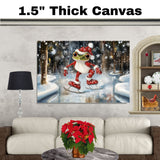 Whimsical Christmas Frog Ice Skating in Festive Red Outfit with Santa Hat and Snowflakes – Adorable Winter Holiday Animal Art for Seasonal Decor or Gifts on Ready to Hang 1.5" Thick Canvas Wrap, Floating Framed Canvas, Flat Rolled Canvas