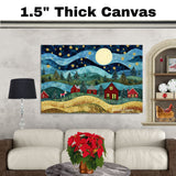 Magical Christmas Night with Moonlit Hills and Red Cabins – Folk Art Winter Wonderland Scene on Ready to Hang 1.5" Thick Canvas Wrap, Floating Framed Canvas, Flat Rolled Canvas