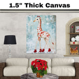 Whimsical Christmas Giraffe Ice Skating with Red Boots and Snowflake Accents – Playful Holiday Animal Art for Winter Decor and Festive Seasonal Cheer on Ready to Hang 1.5" Thick Canvas Wrap, Floating Framed Canvas, Flat Rolled Canvas