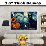 Black Cat Halloween Night – Spooky Pumpkin Patch Wall Art with Ghosts and Sunflowers on Ready to Hang 1.5" Thick Canvas Wrap, Floating Framed Canvas, Flat Rolled Canvas