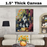 Vineyard Feast: Tuxedo Mom and Three Kittens with Wine, Grapes, and Cheese on Ready to Hang 1.5" Thick Canvas Wrap, Floating Framed Canvas, Flat Rolled Canvas
