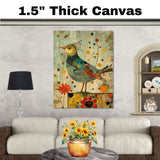 Charming Painting of a Whimsical Bird with Dotted Feathers and Abstract Flowers in Warm Earthy Colors Perfect for Nature Inspired or Eclectic Home Accents on Ready to Hang 1.5" Thick Canvas Wrap, Floating Framed Canvas, Flat Rolled Canvas