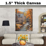 Autumn Stream Running by the Cottage – Rustic Fall Landscape Oil Painting Print on Ready to Hang 1.5" Thick Canvas Wrap, Floating Framed Canvas, Flat Rolled Canvas