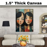 Moody Portrait of Two Girls Expressive Hand Painted Art Rustic Wood Texture Emotional and Thoughtful Wall Decor Perfect for Home Living Room or Office on Ready to Hang 1.5" Thick Canvas Wrap, Floating Framed Canvas, Flat Rolled Canvas