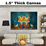 Joyful Painting of Two Foxes in Bright Pajamas with Happy Faces Sitting Side by Side Under Autumn Branches on a Deep Teal and Orange Textured Background on Ready to Hang 1.5" Thick Canvas Wrap, Floating Framed Canvas, Flat Rolled Canvas