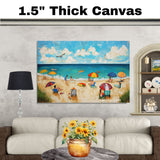 Colorful Beach Day Folk Art – Coastal Wall Print with Umbrellas & Ocean View on Ready to Hang 1.5" Thick Canvas Wrap, Floating Framed Canvas, Flat Rolled Canvas