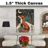 Magical Winter Fox Canvas – Red Fox with Snowflakes and Trees Under a Starry Night Sky and Crescent Moon on Ready to Hang 1.5" Thick Canvas Wrap, Floating Framed Canvas, Flat Rolled Canvas
