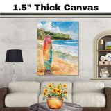 Watercolor Painting of a Multicolored Surfboard on a Tropical Beach with Ocean Waves and Green Coastal Hills in the Background on Ready to Hang 1.5" Thick Canvas Wrap, Floating Framed Canvas, Flat Rolled Canvas