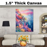 Watercolor Painting of Vibrant Coral Reef with Colorful Underwater Plants and Ocean Sunset in Pink Blue and Golden Tones on Ready to Hang 1.5" Thick Canvas Wrap, Floating Framed Canvas, Flat Rolled Canvas