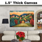 Charming Christmas Village at Sunset with Decorated Trees – Cozy Folk Art Landscape Painting on Ready to Hang 1.5" Thick Canvas Wrap, Floating Framed Canvas, Flat Rolled Canvas