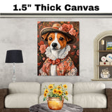 Victorian Grace: Jack Russell Dog in a Hearty Flowery European Dress and Hat Whimsical Art on Ready to Hang 1.5" Thick Canvas Wrap, Floating Framed Canvas, Flat Rolled Canvas