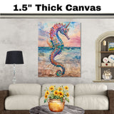 Fantasy Seahorse Watercolor Painting with Rainbow Scales and Sunset Ocean Background on Ready to Hang 1.5" Thick Canvas Wrap, Floating Framed Canvas, Flat Rolled Canvas
