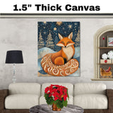 Cozy Winter Fox Canvas – Red Fox with Patterned Tail in Snowy Forest Under Stars and Golden Snowflakes on Ready to Hang 1.5" Thick Canvas Wrap, Floating Framed Canvas, Flat Rolled Canvas