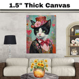Dapper Love: Tuxedo Cat in a Red Hat and Black Suit with a Heartfelt Touch - Elegant Valentine's Painting on Ready to Hang 1.5" Thick Canvas Wrap, Floating Framed Canvas, Flat Rolled Canvas