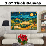 Golden Hills and Starry Night with Folk Art Homes and Trees in a Whimsical Christmas Landscape Painting on Ready to Hang 1.5" Thick Canvas Wrap, Floating Framed Canvas, Flat Rolled Canvas