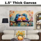 Painting of Two Cute Plump Birds Sitting Close Together on a Blossom Covered Branch with Bright Feathers Big Eyes and a Playful Springtime Background on Ready to Hang 1.5" Thick Canvas Wrap, Floating Framed Canvas, Flat Rolled Canvas