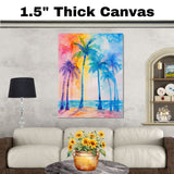Vibrant Rainbow Palm Trees Watercolor Painting with Colorful Tropical Sky and Tranquil Ocean Beach Background on Ready to Hang 1.5" Thick Canvas Wrap, Floating Framed Canvas, Flat Rolled Canvas