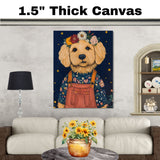 Charming Golden Doodle in Floral Overalls and Flower Crown Playful Dog Art for Nursery Kids Room Living Room Decor and Perfect Gift for Dog Lovers on Ready to Hang 1.5" Thick Canvas Wrap, Floating Framed Canvas, Flat Rolled Canvas