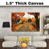 Charming Country Road in Autumn with Cozy Cottages and Foliage – Rustic Folk Art Landscape on Ready to Hang 1.5" Thick Canvas Wrap, Floating Framed Canvas, Flat Rolled Canvas