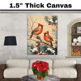 Charming Retro Style Painting of Two Cardinals on Snowy Branches with Pine and Red Berries Perfect for Christmas Decoration or Winter Nature Themed Gift on Ready to Hang 1.5" Thick Canvas Wrap, Floating Framed Canvas, Flat Rolled Canvas