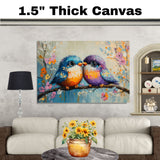 Painting of Two Plump Birds Touching Beaks While Sitting on a Blooming Branch Surrounded by Bright Spring Flowers with Vivid Feathers and Big Shiny Eyes on Ready to Hang 1.5" Thick Canvas Wrap, Floating Framed Canvas, Flat Rolled Canvas