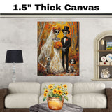 Skeleton Wedding Family in Autumn Forest – Día de los Muertos Style Painting with Floral Details on Ready to Hang 1.5" Thick Canvas Wrap, Floating Framed Canvas, Flat Rolled Canvas
