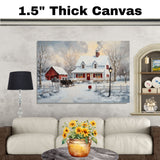 Charming Winter Painting of Snowy White Farmhouse, Red Barn, Horse and Wagon, and Glowing Lights at Dusk on Ready to Hang 1.5" Thick Canvas Wrap, Floating Framed Canvas, Flat Rolled Canvas