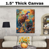 Colorful Wild Turkey Pair Perched on Branch Among Autumn Leaves with Vivid Feathers and Blue Faces in a Stunning Wildlife Nature Art Scene on Ready to Hang 1.5" Thick Canvas Wrap, Floating Framed Canvas, Flat Rolled Canvas