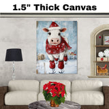 Adorable Christmas Cow Ice Skating in Santa Hat with Red Scarf Festive Farm Animal Illustration for Country Holiday Decor and Whimsical Winter Cheer on Ready to Hang 1.5" Thick Canvas Wrap, Floating Framed Canvas, Flat Rolled Canvas