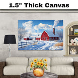 Frosted Memories – White Cottage and Red Barn in Wintertime on Ready to Hang 1.5" Thick Canvas Wrap, Floating Framed Canvas, Flat Rolled Canvas