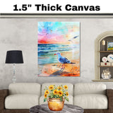 Vibrant Watercolor Seagull by Shoreline with Sunset Sky and Ocean Waves in a Peaceful Coastal Scene on Ready to Hang 1.5" Thick Canvas Wrap, Floating Framed Canvas, Flat Rolled Canvas