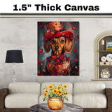 Charming Romance: Dachshund in a European-Inspired Elegant Red Dress and Hat Sophisticated Heartfelt Painting on Ready to Hang 1.5" Thick Canvas Wrap, Floating Framed Canvas, Flat Rolled Canvas